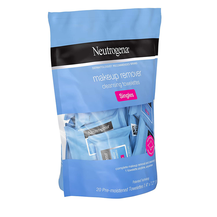 Neutrogena Makeup Remover Facial Cleansing Towelette Singles, Daily Face Wipes Remove Dirt, Oil, Makeup & Waterproof Mascara, Gentle, Individually Wrapped, 100% Plant-Based Fibers, 20 ct