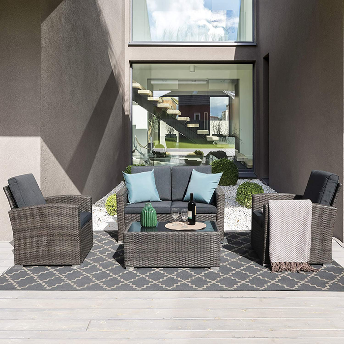 JOIVI Patio Furniture Set, 4 Piece Outdoor Patio Conversation Set, All-Weather PE Rattan Wicker Sectional Patio Sofa Set with Tempered Glass Coffee Table, Dark Gray