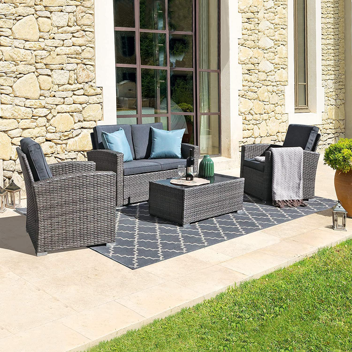 JOIVI Patio Furniture Set, 4 Piece Outdoor Patio Conversation Set, All-Weather PE Rattan Wicker Sectional Patio Sofa Set with Tempered Glass Coffee Table, Dark Gray